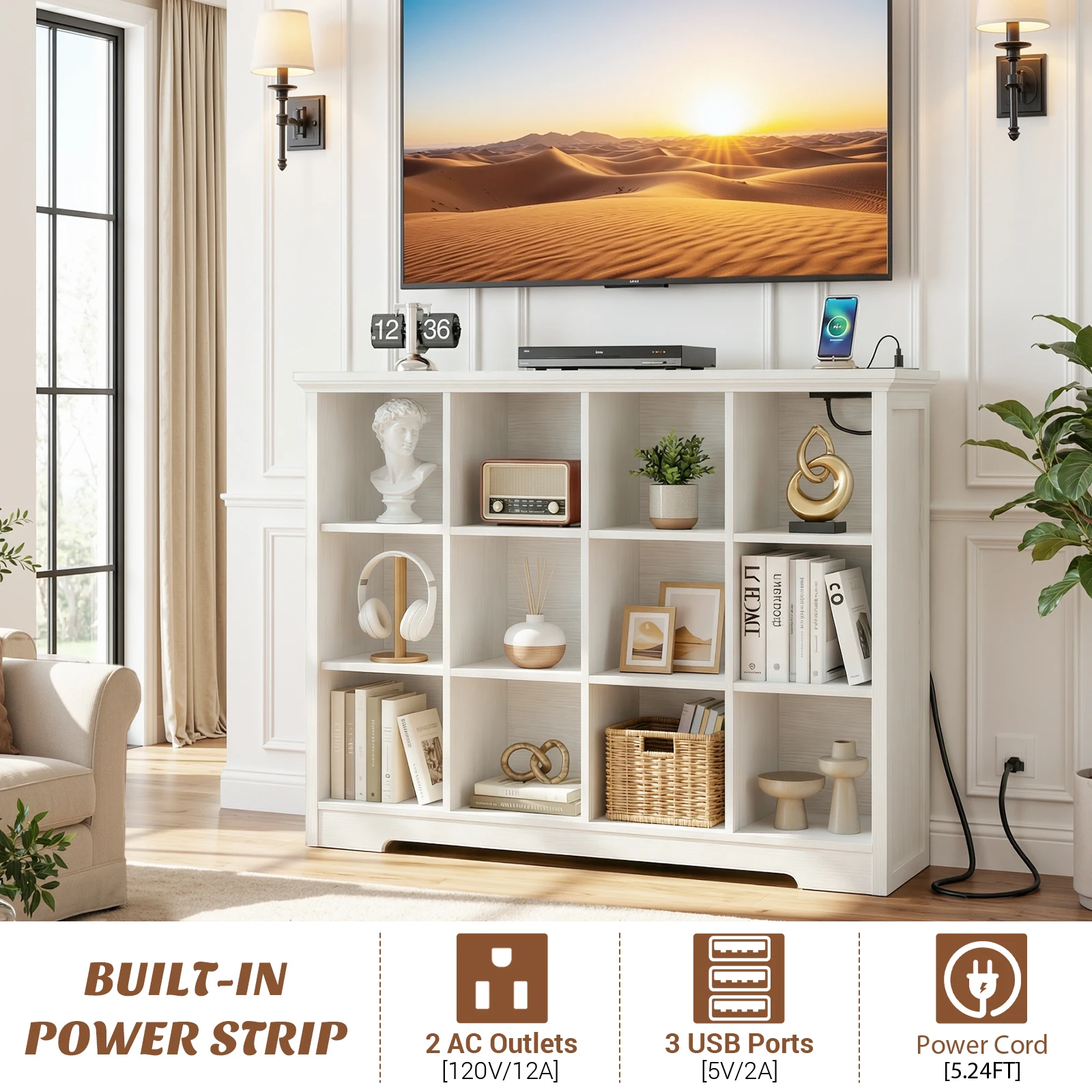 Aheaplus 12-Cube Wooden Storage Organizer with Charging Ports Modern 4-Tier Floor Standing Bookcase Open Cubbies Display Shelf for Home And Office White