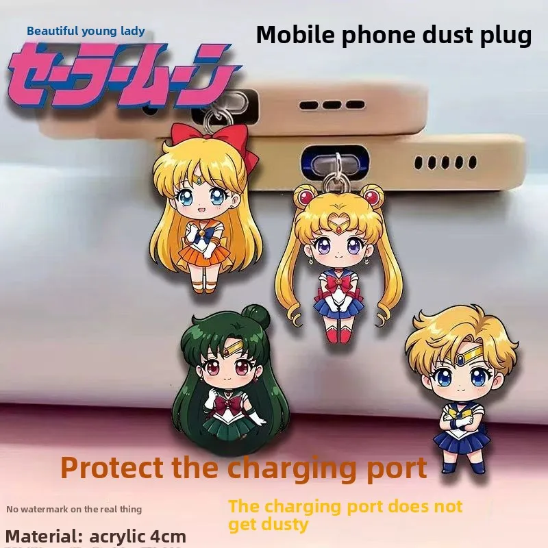 4PCS Sailor Moon Cute Cartoon Big Head Character Fan Merch Type-C Anti Dust Plug Decorative Mobile Phone Hanging Bag Charm