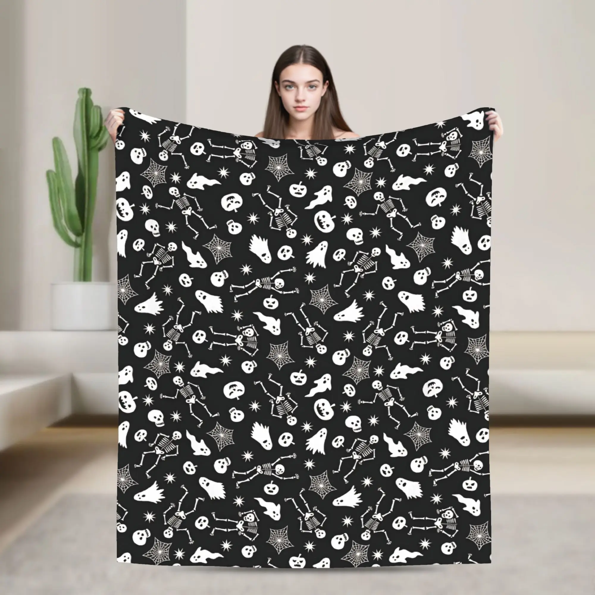 Halloween Skeleton Ghost Spider Web Seamless Pattern Blanket Winter  Soft Comfy Throw Blanket Flannel Bedspread Bed Cover