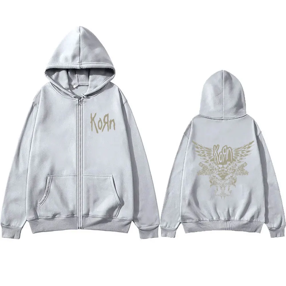 Korn Skeleton Wings Girls Juniors Black Metal Gothic Rock Band Zipper Hoodie Men Women Vintage Oversized Fleece Zip Up Jacket