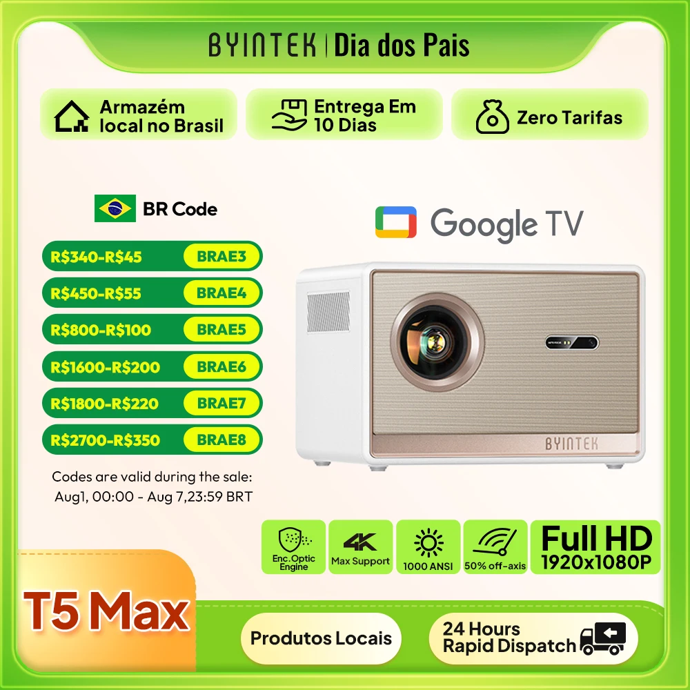 Projetor BYINTEK T5 Max Full HD 1080P 4K Google TV 11.0 1000ANSI WiFi 6 Foco Automático Projetor Profissional de Home Theater