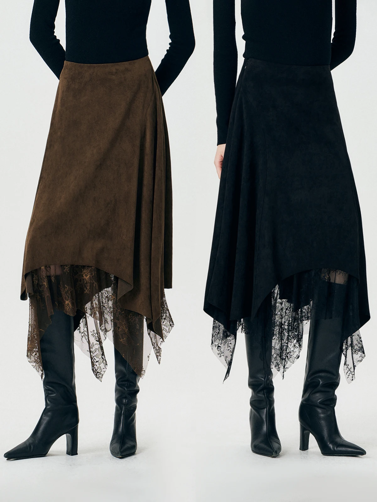 

Retro Matte Soft Suede Lace Asymmetrical f Skirt Ladies High Waist Ci Commute A-Line Skirt Front Split Other Materials