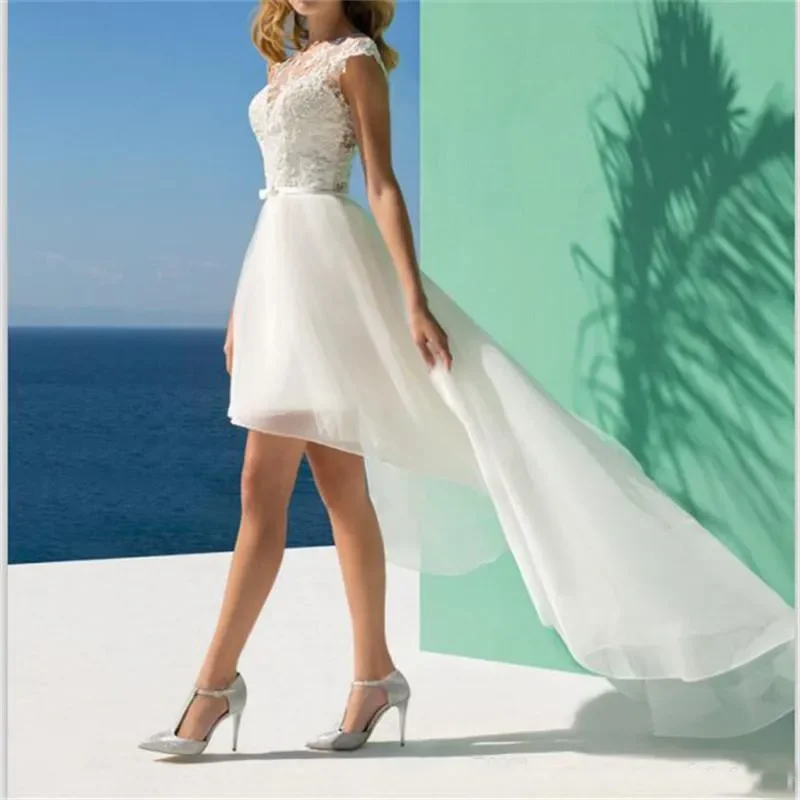 Fashion classic chic beach wedding dress custom sexy transparent crew neck decal irregular sweep train new bridal dress 2024