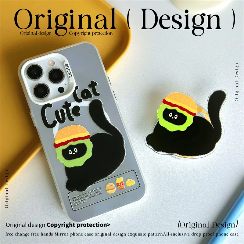 Funda de teléfono esmerilada con soporte láser magnético de gato lindo de dibujos animados divertidos, 2 en 1, iPhone 15, 14 Pro Max, Apple 12, 13, 11, XR, XS, 7, 8