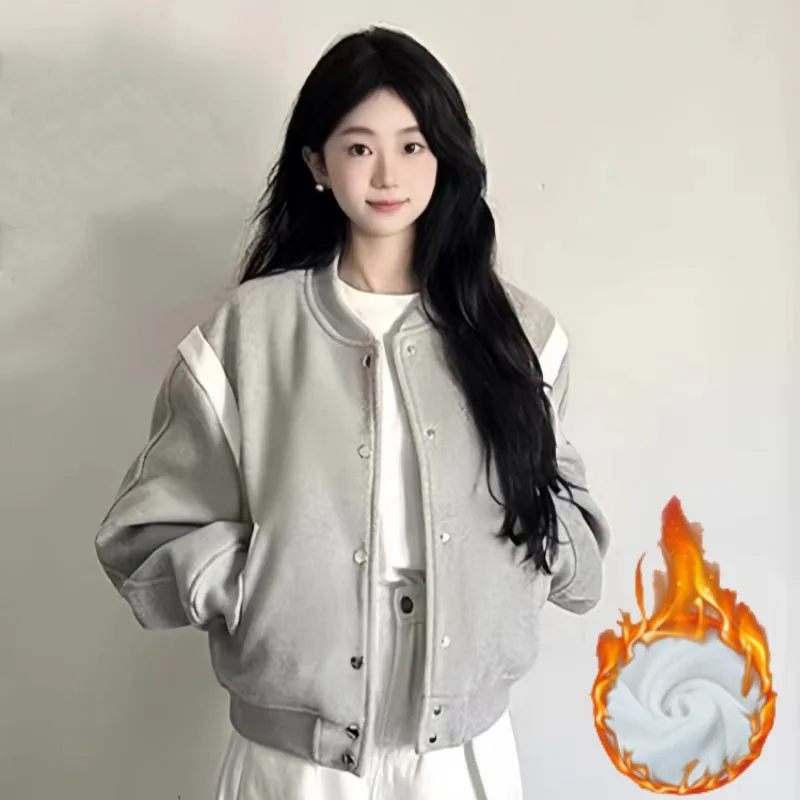 Thickened Autumn Winter New Style Women's Short Jacket Loose Student Baseball Uniform Hua Cotton Composite Silver  Fur