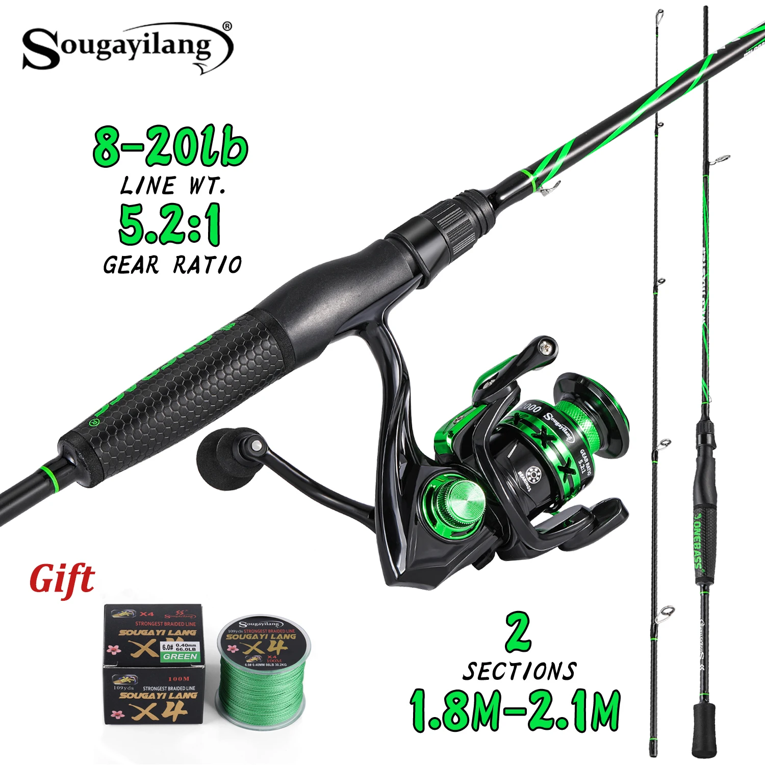 Sougayilang Fishing Rod and Reel Combo High Carbon Lightweight Rod 5.2:1 Gear Ratio 10kg Max Drag Reel Free 100m Fishing Line