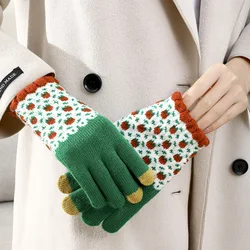 Color Blocked Flowers Knitted Touchscreen Gloves, Knitted Hand Gloves Thick Wool Warm Glove Winter Ski Ride Windproof Mittens