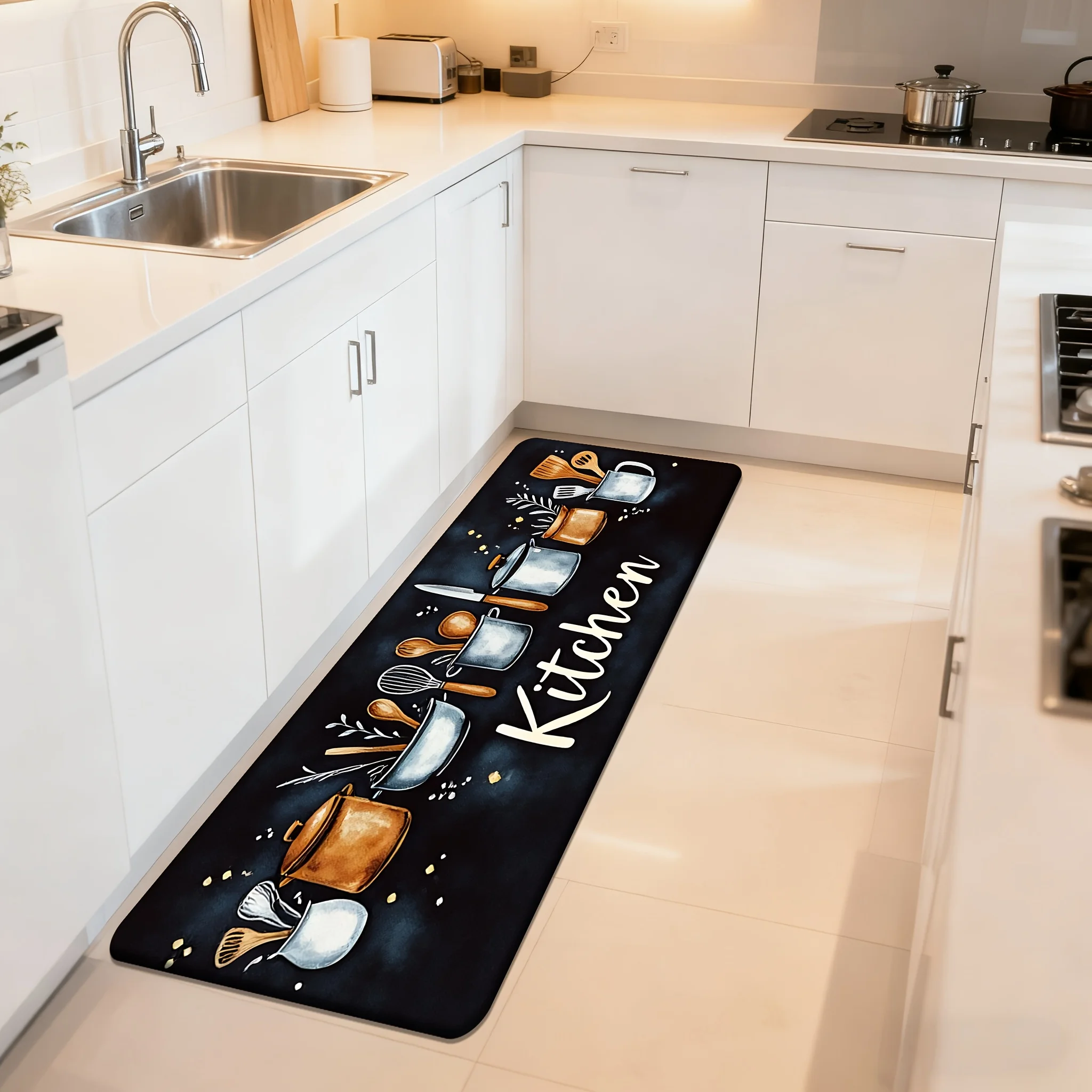 Watercolor Cookware Kitchen Runner Rug Vintage Metal Pots Wooden Spoons Kitchen Script Art Printed Long Floor Mat Cooking Area