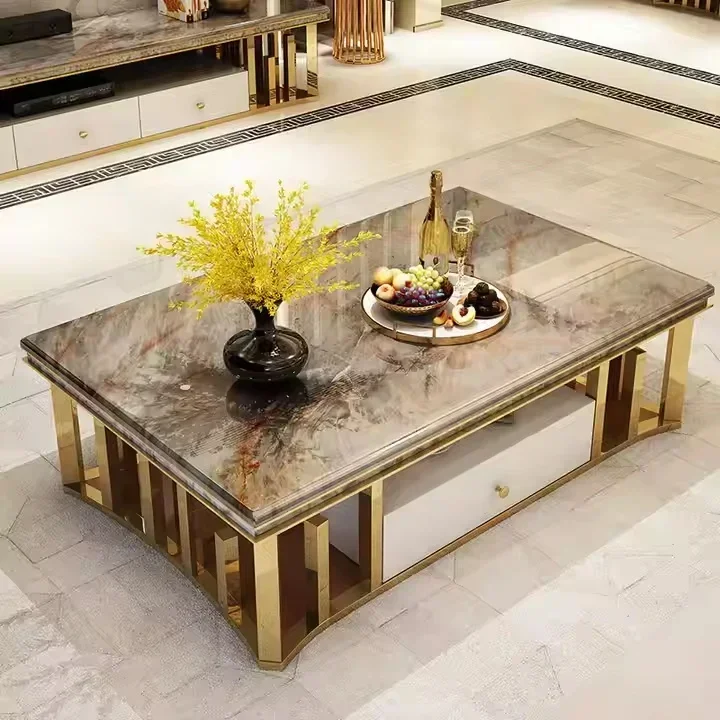 

-Luxury Stainless Steel Coffee Table with Lacquered Marble Top Modern Design Center Table for Living Room Home Hotel Tea Service