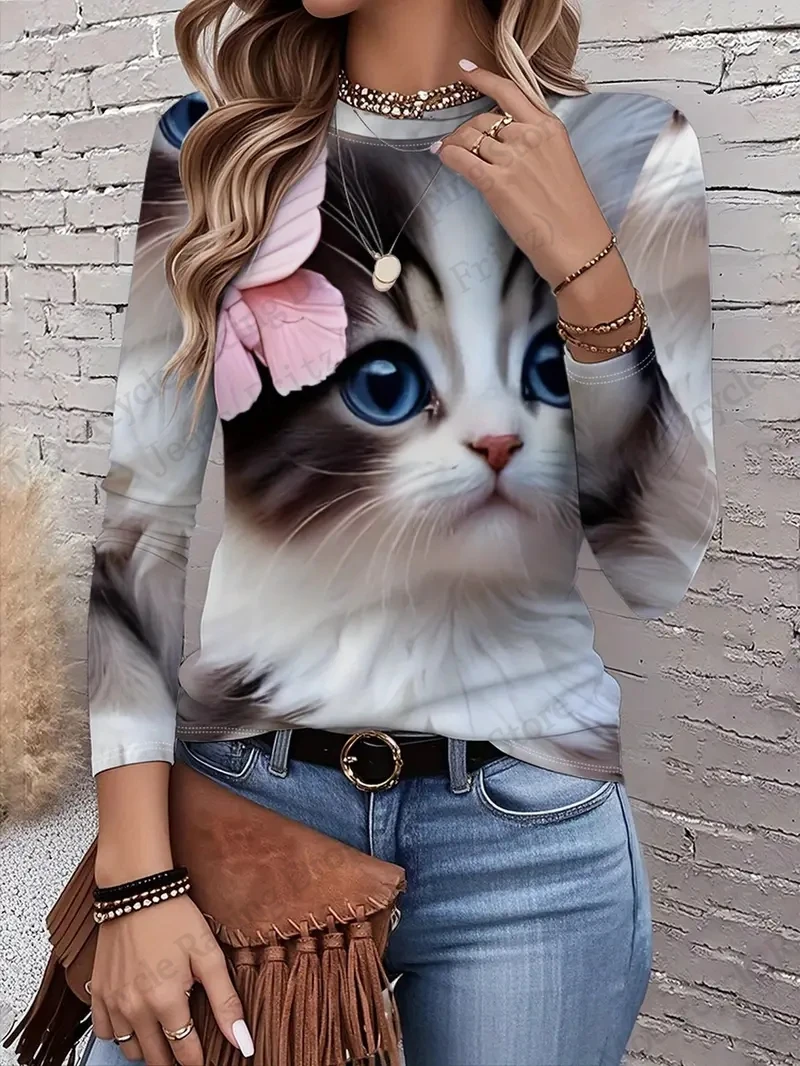 Deux modèles de chat mignon graphique impression 3d T-Shirt femmes à manches longues T-shirt femmes vêtements haut à la mode décontracté surdimensionné hauts t-shirts