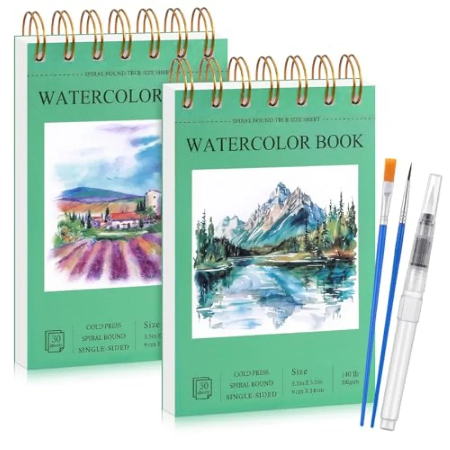 2 Small Watercolor Sketchbook with Watercolor Brushes, 3.5" x 5.5" Watercolor Paper Pad, 60 Sheets 140lb/300g Water Color Paper