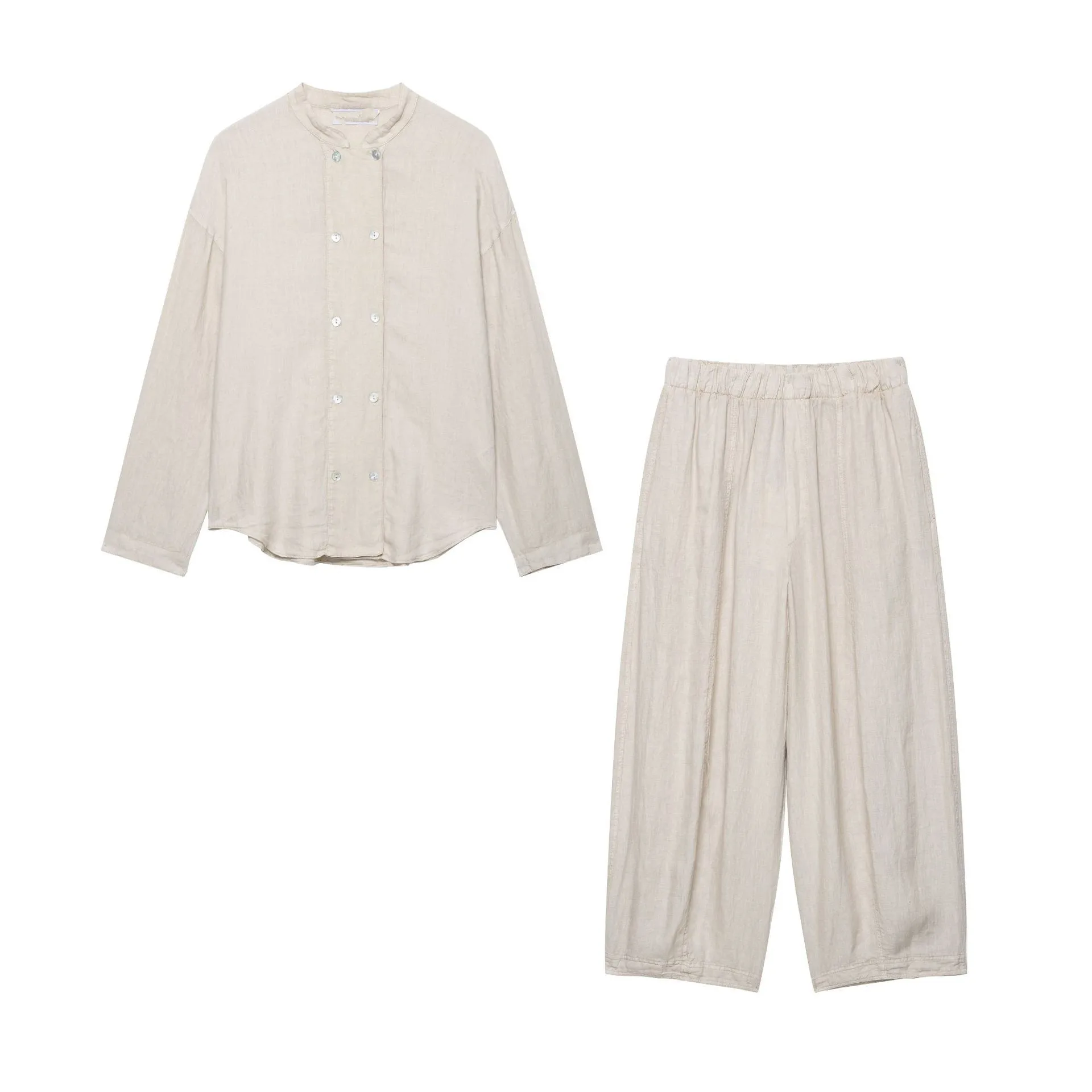 

Новое повседневное двубортное однотонное свободное тонкое пальто с длинным рукавом и круглым вырезом + комплект широких брюк с эластичной резинкой на талии до щиколотки