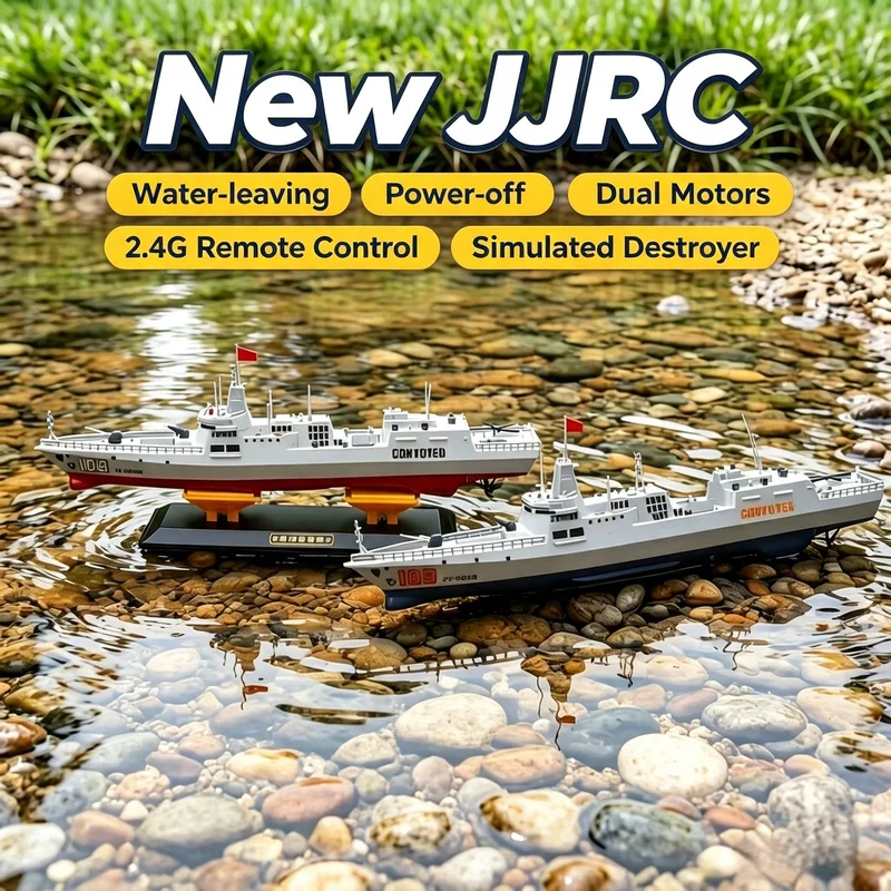 New JJRC 109 2.4G Dual Motor Remote Control Boat Anti-Fall Simulation Electric RC Big Size Military Destroyer Water Spray Model