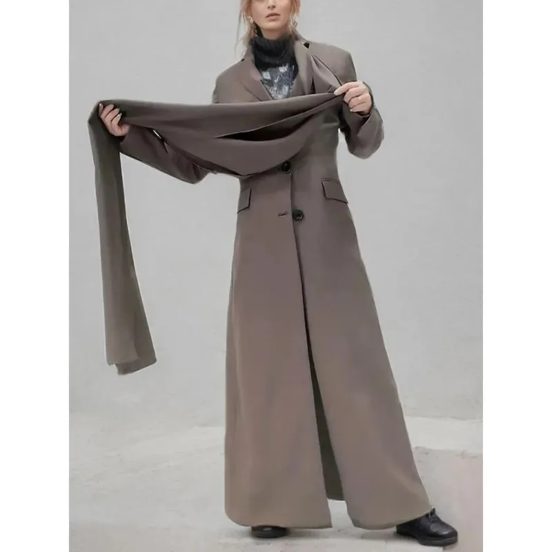 

HUISONG Solid Spliced Pocket Long Blazer For Women Scarf Collar Long Sleeve Patchwork Button Temperament Blazers Female New