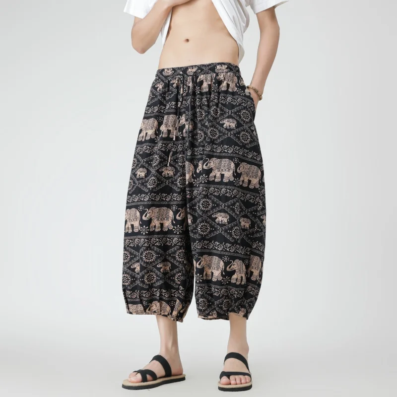 

Men's National Style Printed Breathable Cotton Linen Sweatpants Summer Wide Leg Pantalones Hippies Hombre Oversized Man Clothes
