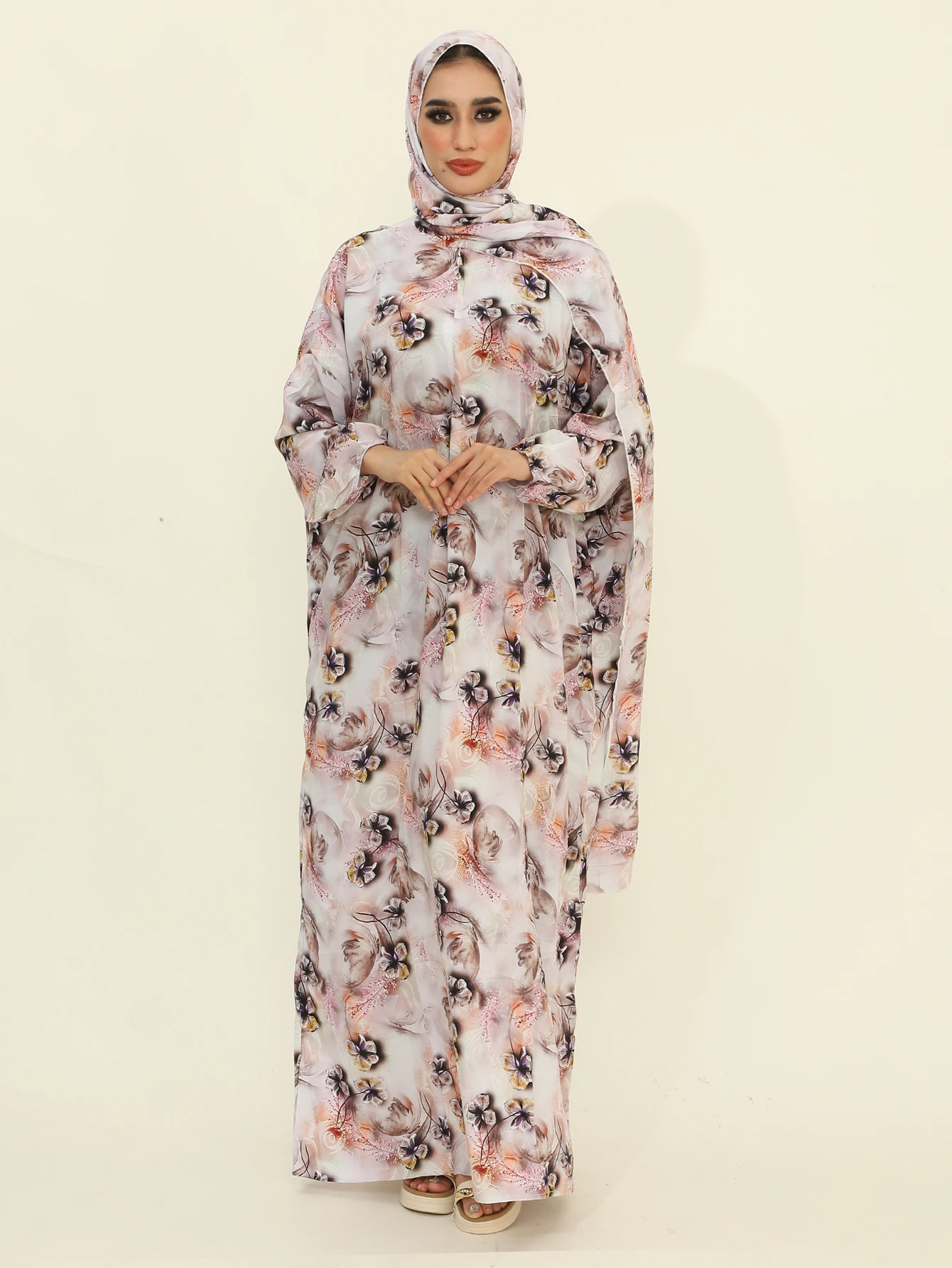 

Autumn New Muslim Fashion Abaya Dresses with Hijab One Piece Prayer Dresses Flower Printed Pretty Dubai Abayas