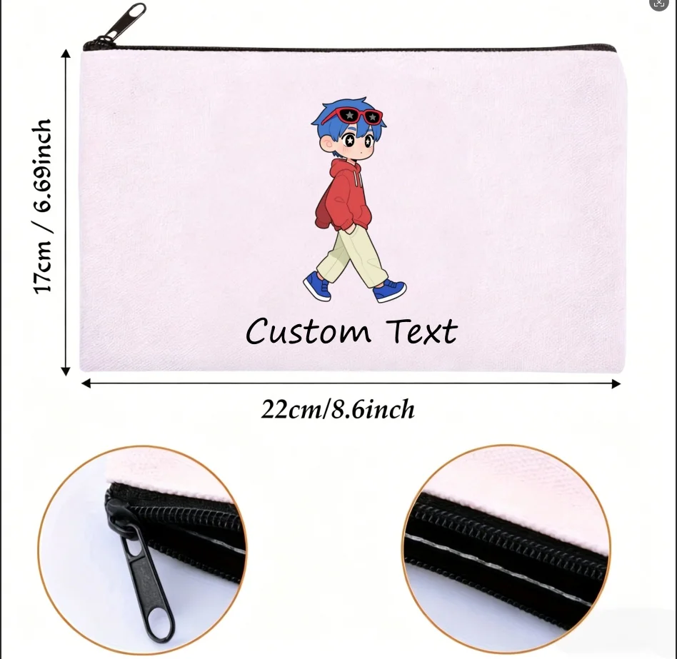 1PC Custom Text Anime Boy Cosmetic Pouch Cool Blue Hair Cartoon Boy Zipper Makeup Bag Personalized Canvas Storage Gift