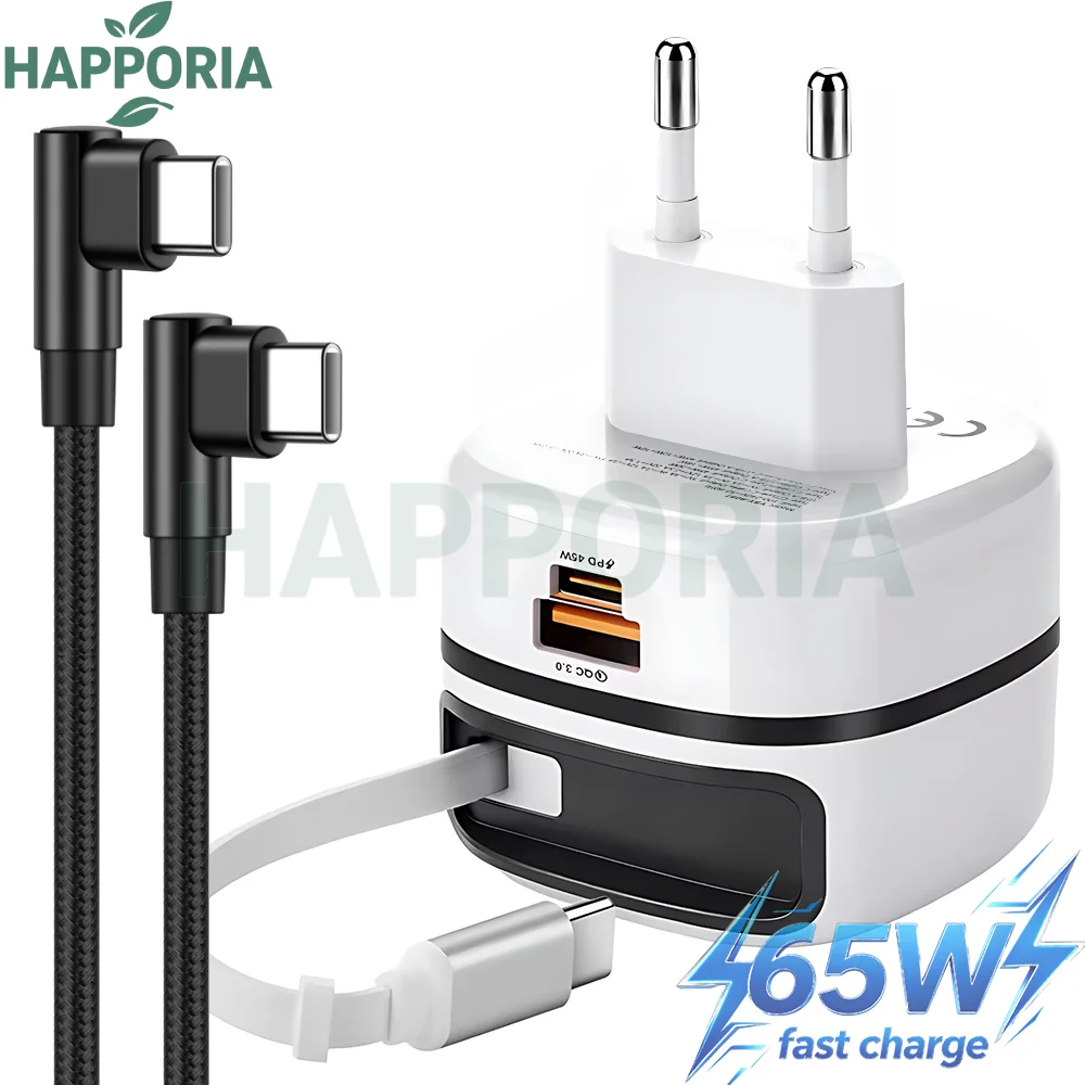 HAPPORIA Cargador USB C 65W Carga Rápida con Cable Retráctil Adaptador de Viaje 3 Puertos PD Fast Charger Plegable para iPhone 16 Samsung Laptop Tablet