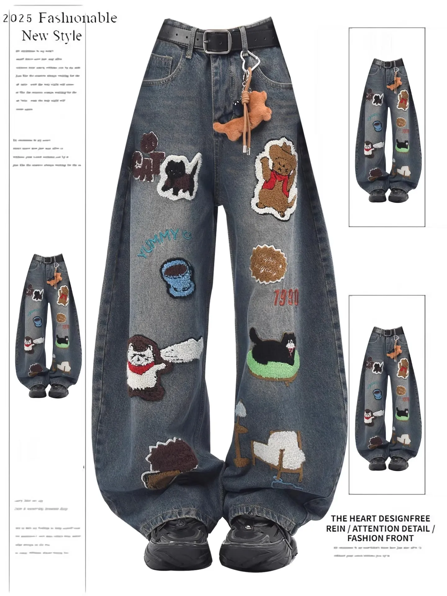 

Retro American Cartoon Embroidery Washed Knife Jeans Women's Spring Autumn Loose Slim Wide Leg Pants High Waist