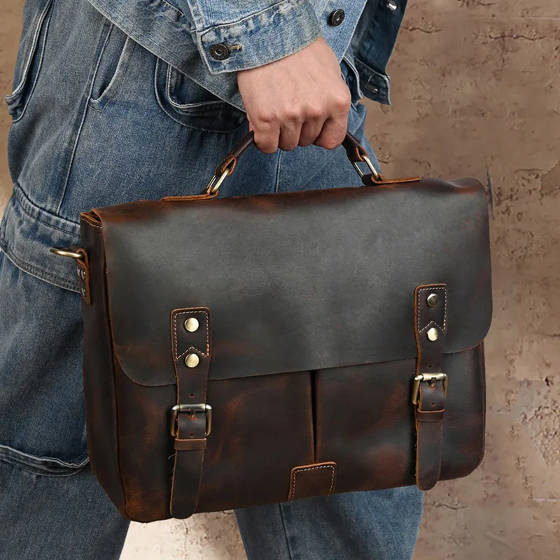 Men's Retro Briefcase Genuine Cowhide Leather Satchel Messenger Bag Detachable Adjustable Shoulder Strap 14 Inch Laptop Handbag