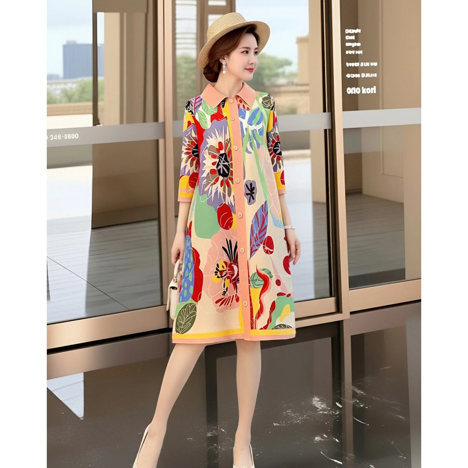 

Плиссированное платье Miyake женское, новинка 2026 года, модное, с принтом, отложным воротником, рукавом до локтя, однобортное, свободного кроя, больших размеров, кардиган-юбка на весну