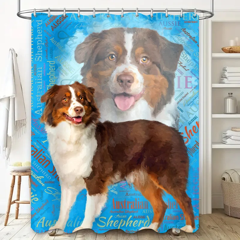 Australian Shepherd Shower Curtain Blue Background with Dog Print Waterproof Fabric for Home Decor in Bathrooms Kitchens (TSA230