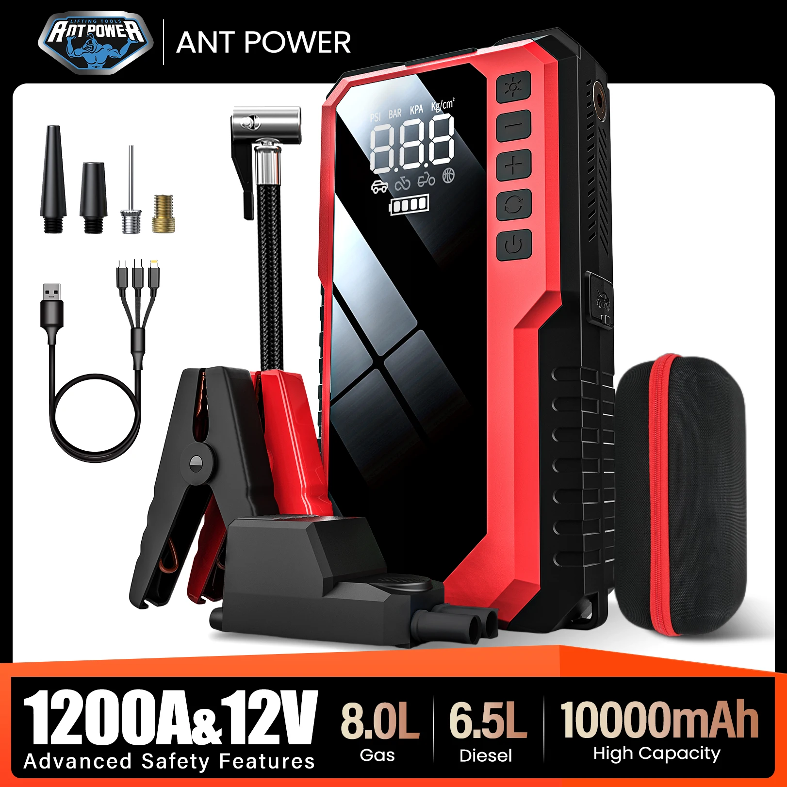 AntPower 1200A Power Bank Avviatore d'Emergenza 10000mAh per Auto, Booster Batteria Esterna, Dispositivo di Ricarica Rapida per Avviamento Motori Benzina e Diesel