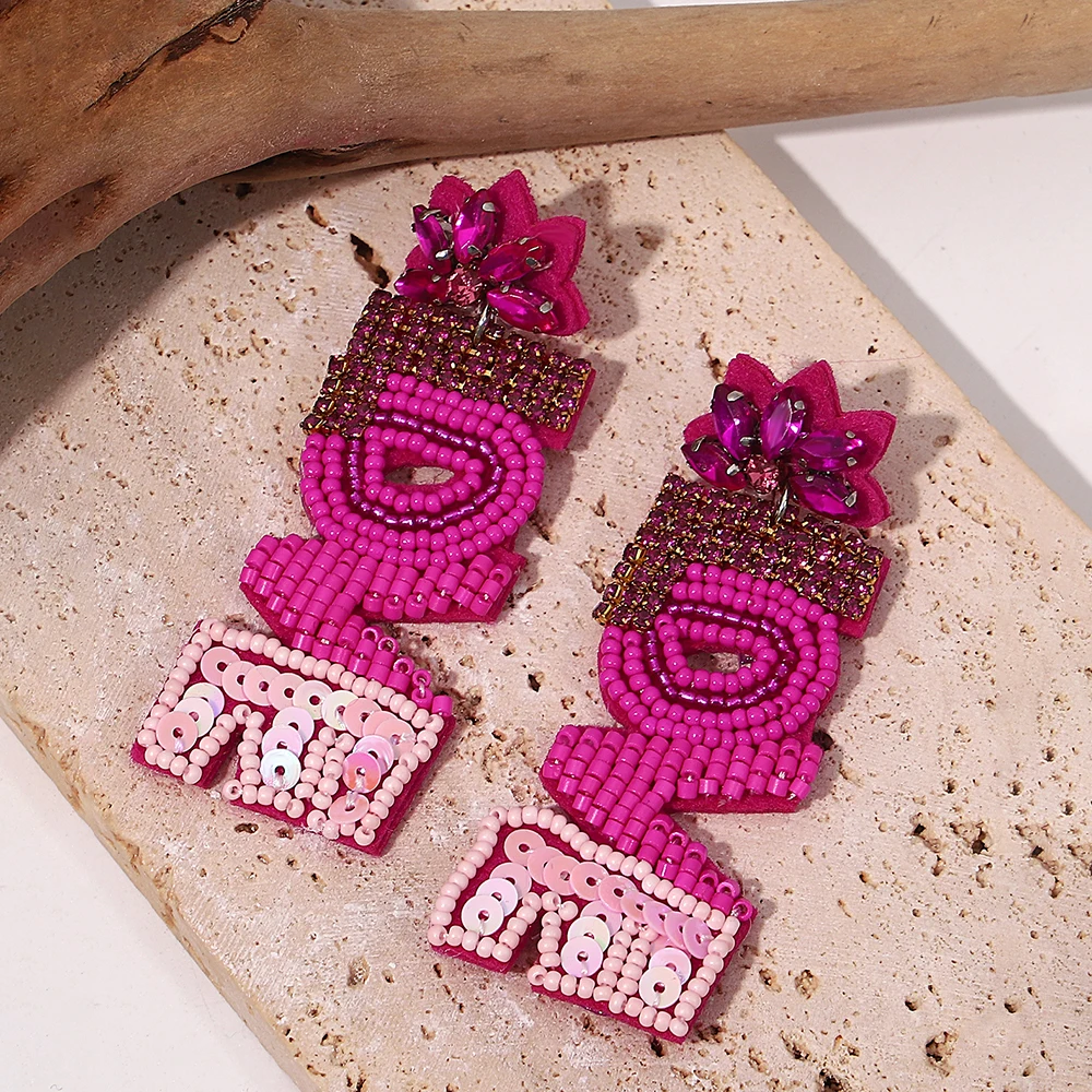 AENSOA Handmade Beaded LOVE Hanging Earrings for Women Rose Red Seed Bead Rhinestone Drop Earrings Valentines Jewelry Gifts