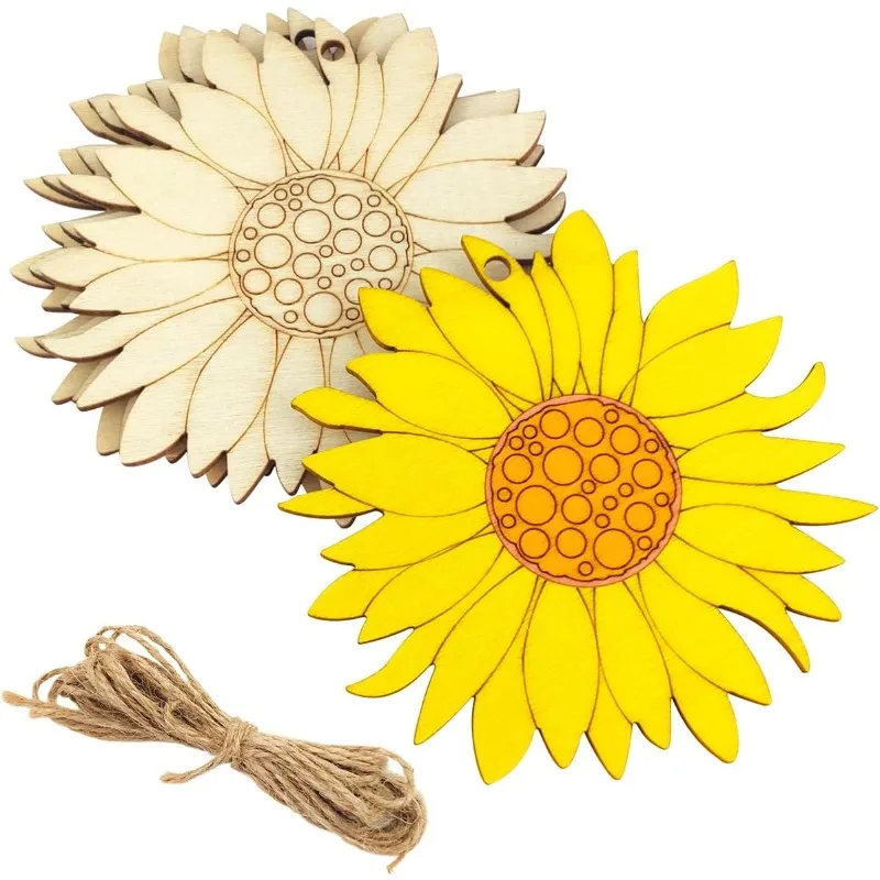 10pcs Unfinished Wood Pieces Cartoon Flower Pattern Unfinished Wooden Cutouts for DIY Craft Spring Summer Decoration