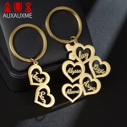 Auxauxme Custom 1-5 Names Heart Keychains Stainless Steel for Women Men Personalzied Family Names Pendant Keyring Jewelry Gifts