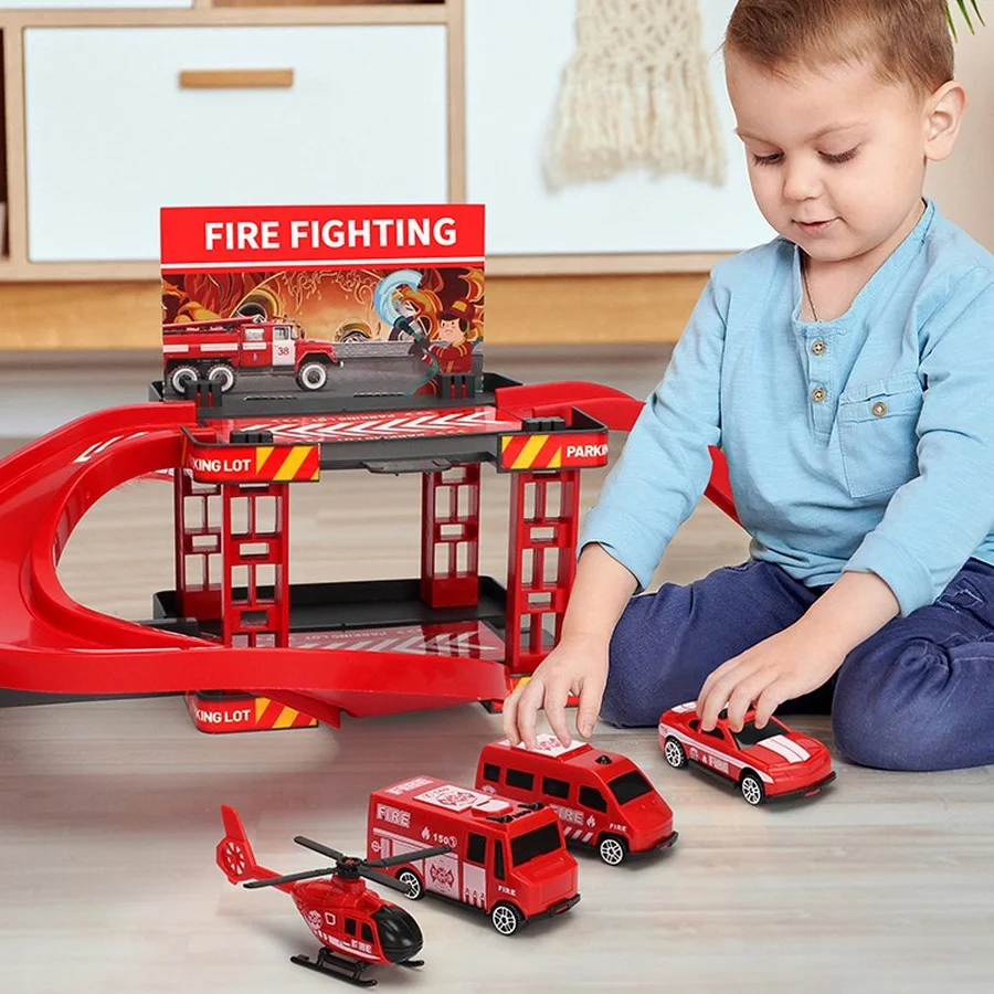 Track Parking Lot Toys Car Fire Truck For Children Kids Plastic Vehicle Model Cosplay Game Christmas Birthday Gift