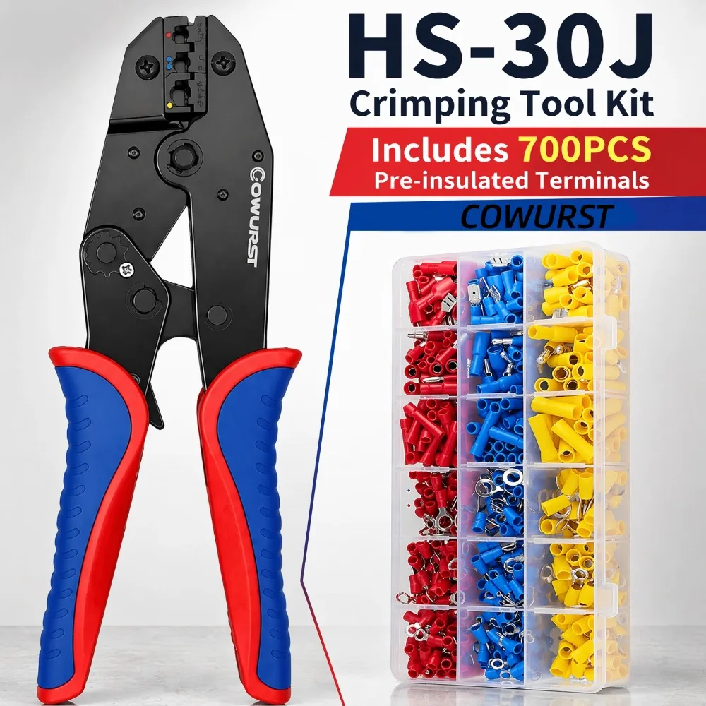 HS-30J Crimp Tool Kit 700PCS Insulated Terminals 0.5-6mm² AWG22-10 Cold Press Crimper Pliers Auto Electrical Wiring