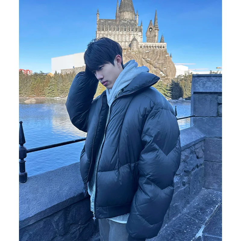 

Black Short down Cotton Jacket Men's Winter Armor High Collar Thickened American High Street Casual Outerwear Coat