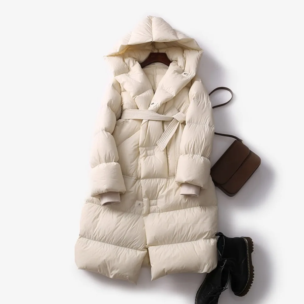 2024 New Puffer Jacket White Duck Down Winter Solid Thick Warm Female Sashes Tie Up Over Women The Knee Coat Fashion Oversize Ho