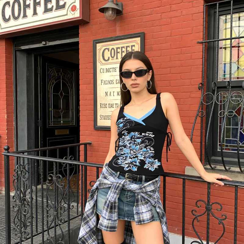 Spring and summer new Y2K retro color fake two-piece floral print side drawstring sleeveless vest street wear daily casual top