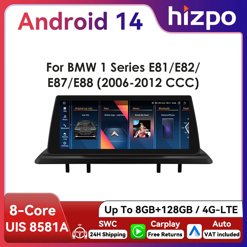 10,25 Zoll Hizpo Android Auto Autoradio für BMW 1er 2006 - 2012 E81 E82 E87 E88 CCC CIC Intelligenter CarPlay-Bildschirm 4G WiFi BT GPS Navi