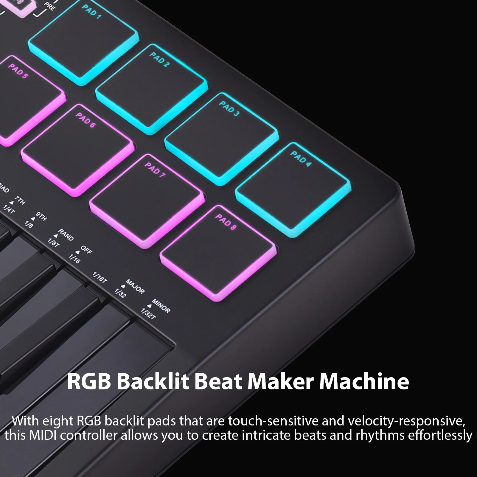 MIDI Keyboard Controller Beat Maker Machine Rechargeable 25 Keys MIDI Keyboard Arranging Strike Pad RGB MIDI Assignable Knobs