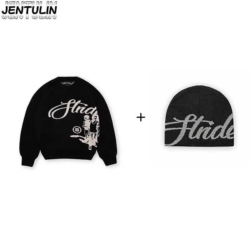 

Мужской повседневный модный уличный вязаный свитер в стиле ретро, кепка с буквенным персонажем из мультфильма, вязаный пуловер в стиле хип-хоп, стиль Y2K