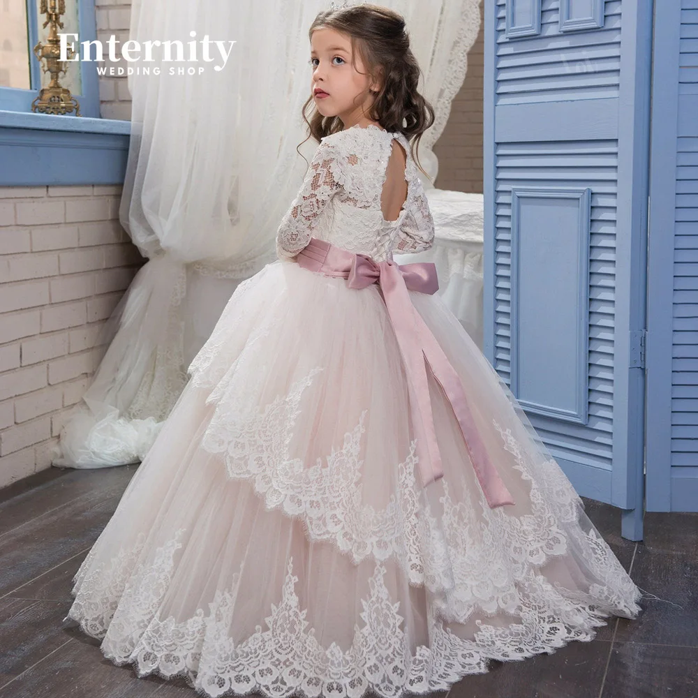 Princesse Enfant-Vestido florista com o pescoço até o chão, vestido de baile com apliques de renda, cinto traseiro aberto, linha A