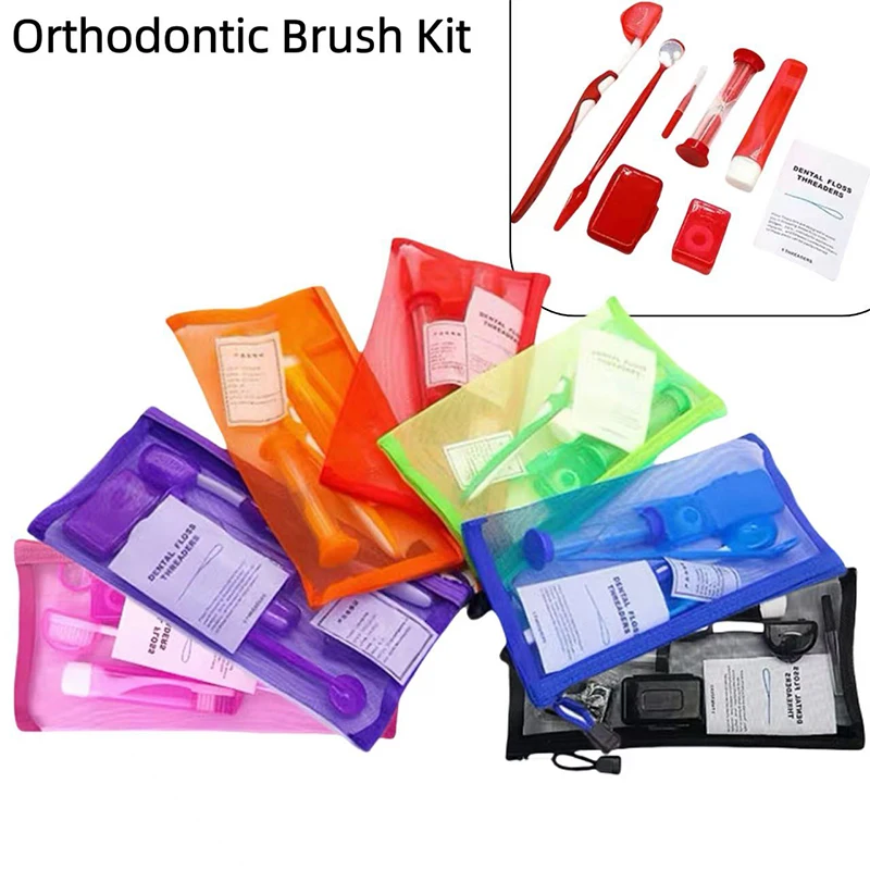8Pcs Orthodontic Dental Care Brush Kit Teeth Cleaning Braces Toothbrush with Interdental Brush Floss Thread Ortho Wax Travel Kit