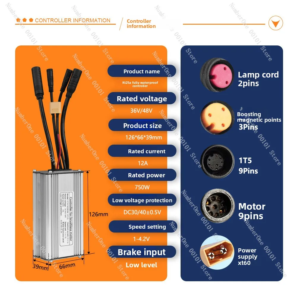 Mountain bike lithium battery restoration quanten kt-25a waterproof connector with light cable sine wave controller + one to fiv