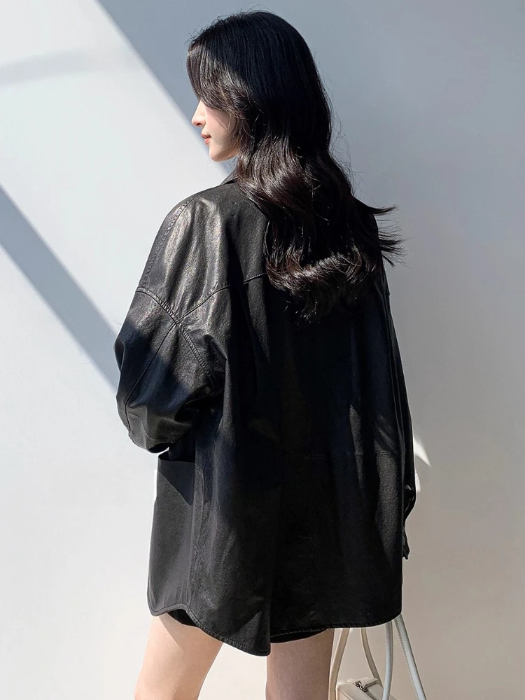 Casual lederen shirtjassen voor dames lente herfst 2025, nieuwe high-end eenvoudige losse zachte zwarte echte schapenvachtjas