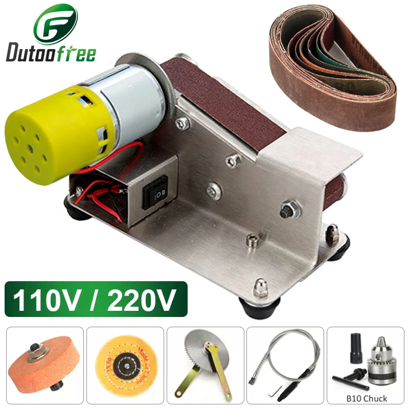 

110V/220V Mini Electric Belt Sander 7 Speed Adjustable Polishing Grinding Machine Cutter Edges Sharpener Optional Accessorie