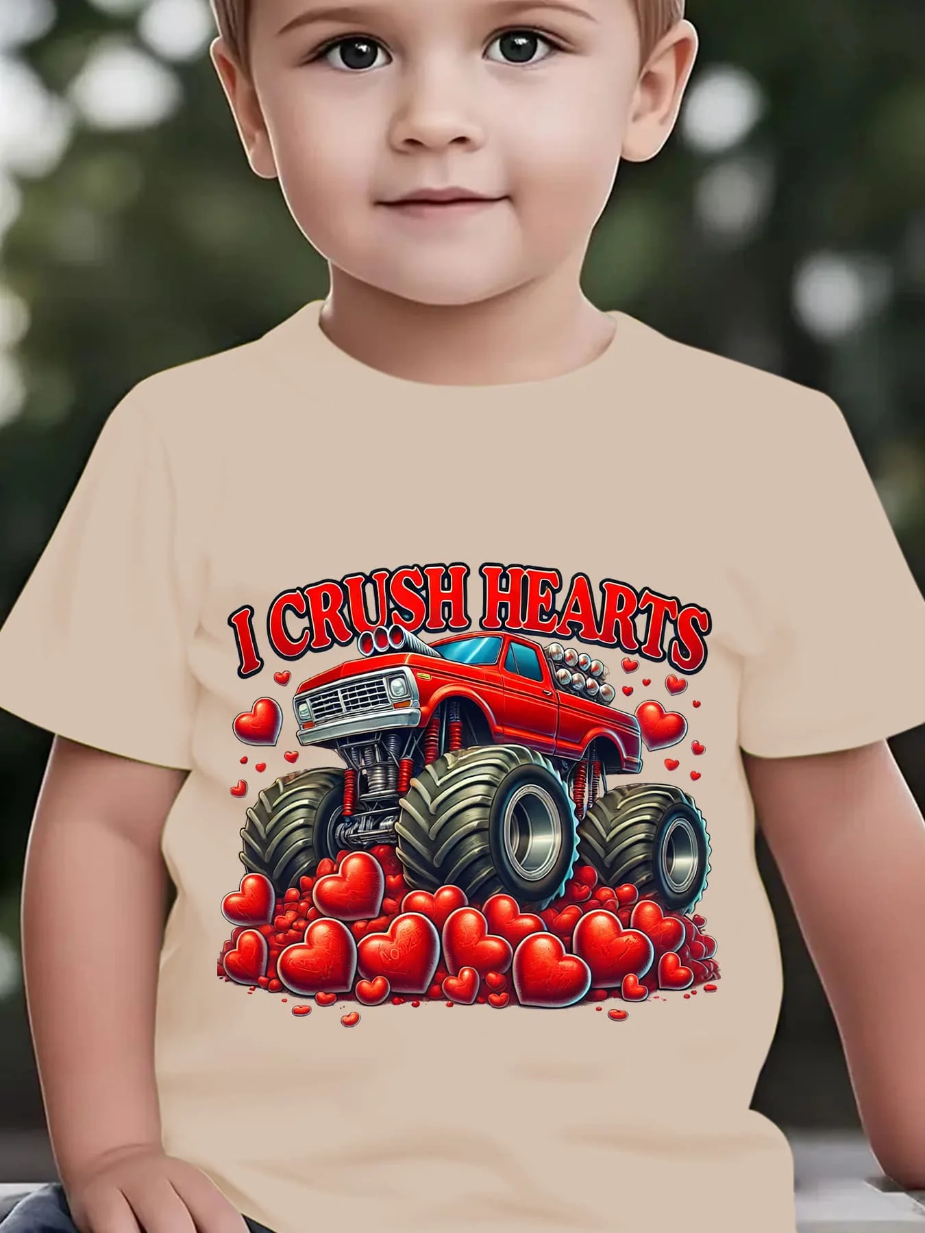NY‑DX7508 Boys Valentine‑Themed I‑CRUSH‑HEARTS‑Truck‑Heart‑Print Casual Summer Crew‑Neck Short‑Sleeve T‑Shirt