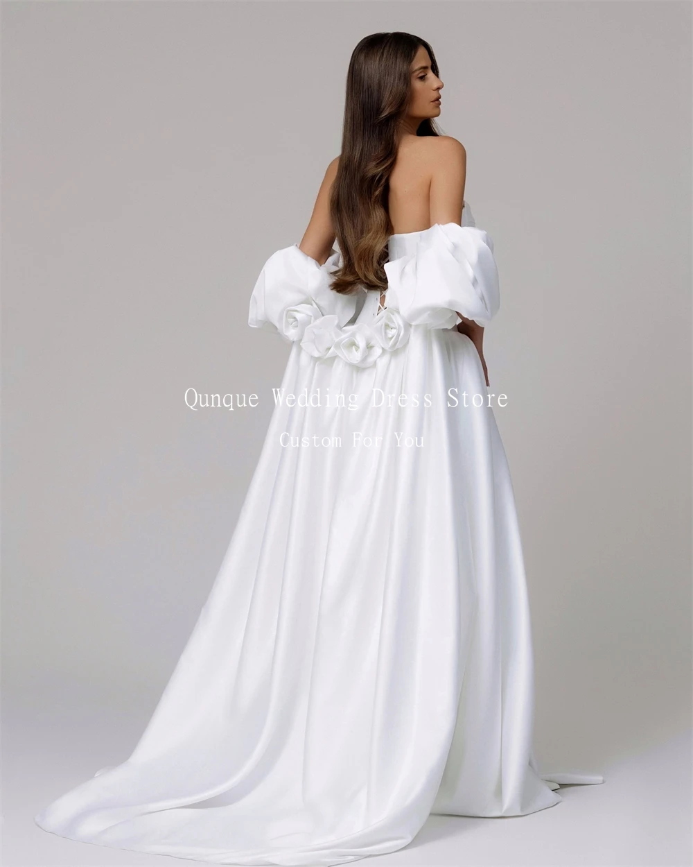 Qunque Design unico Fiori 3D Abiti da sposa Donna Modesto Raso senza spalline Vestido De Novia Abiti da sposa divisi Personalizzati