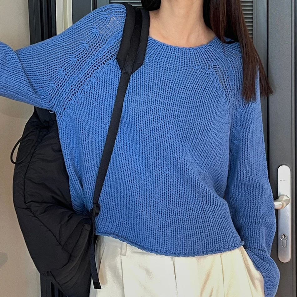 Oversize Cropped Cotton Knit Crochet Sweater Autumn Pullover Fashion Knitwear