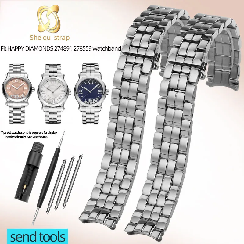 

Stainles Steel Watchband For Chopard HAPPY DIAMONDS 274891 278559 Silver Steel Strip watch Strap 18mm Curved Joint Watch Chain