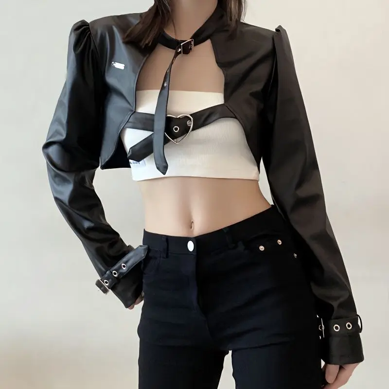 

Women Outwear Fashion Slim Gothic Punk Long Sleeve Heart Hasp PU Short Jacket Girl Y2k Faux Leather Jackets Crop Top