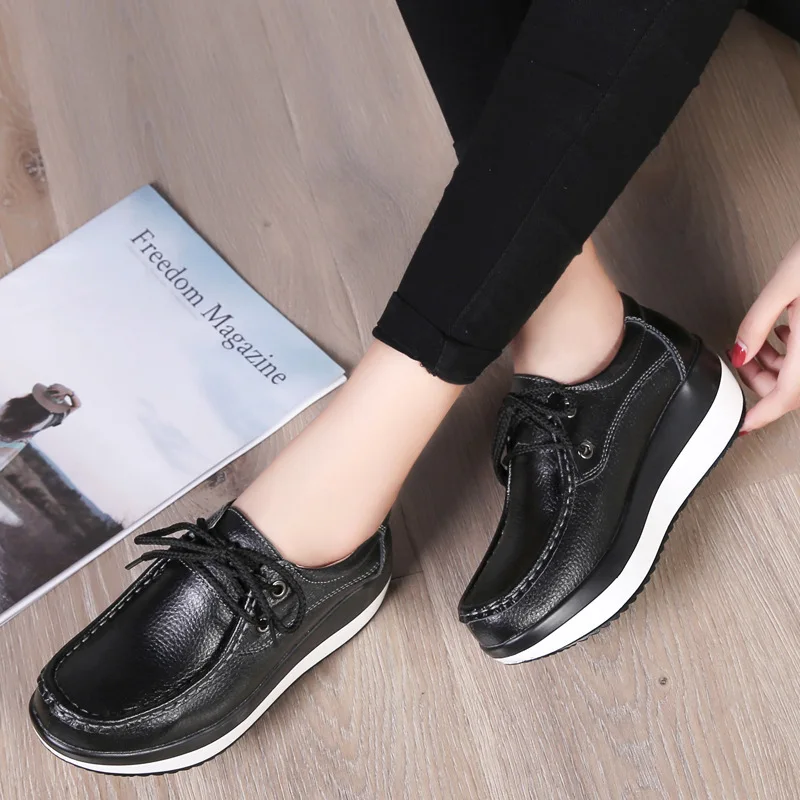 New Spring Autumn Woman Shoes Cow Leather Flat Platform Women Shoe Lace Up Women\'s Loafers Moccasins Female Sneakers