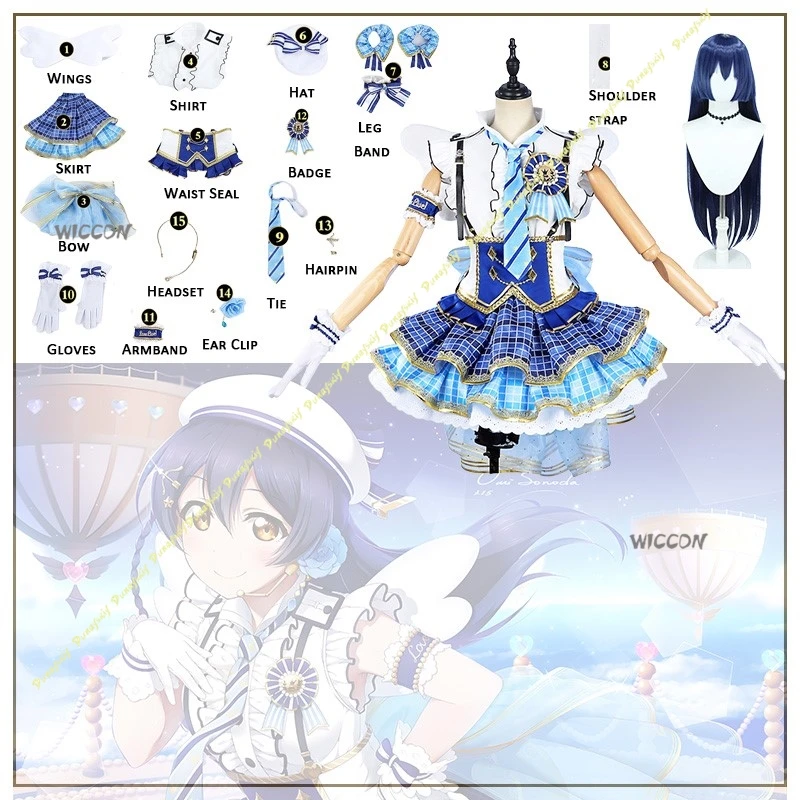 الفتيات اللباس ألعاب أنيمي تأثيري ازياء الباروكات LoveLive! تنورة قصيرة بنمط منقوشة باللون الأزرق اللطيف من Sonoda Umi لعيد الميلاد والهالوين